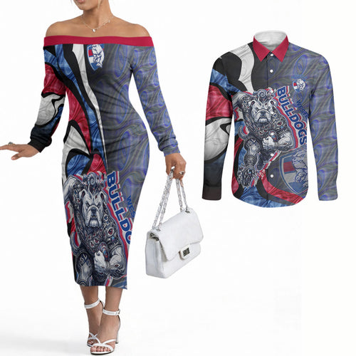 Personalised Western Bulldogs Couples Matching Off The Shoulder Long Sleeve Dress and Long Sleeve Button Shirt Trippy Psychedelic Abstract Art Mascot Football Fans