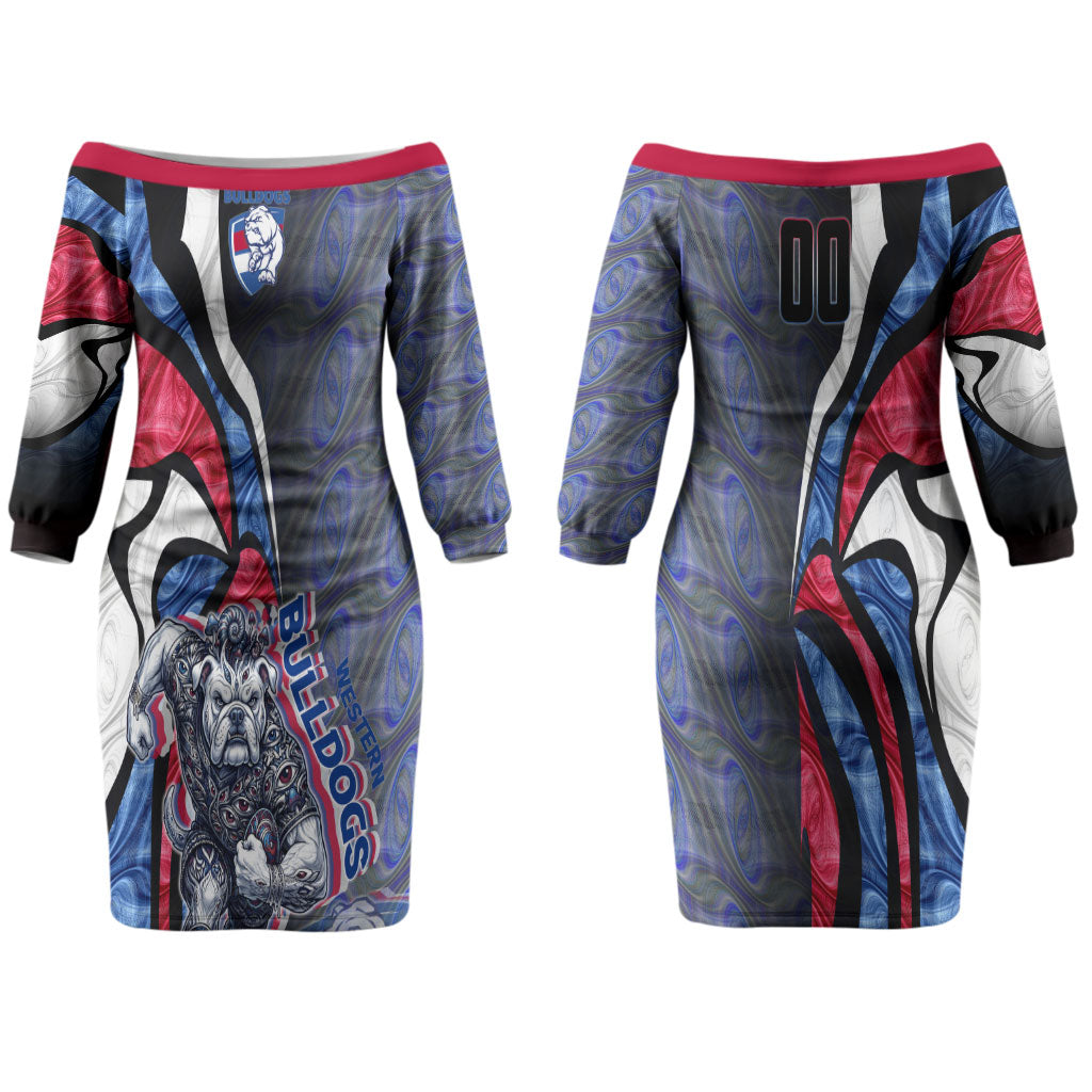 Personalised Western Bulldogs Couples Matching Off The Shoulder Long Sleeve Dress and Long Sleeve Button Shirt Trippy Psychedelic Abstract Art Mascot Football Fans