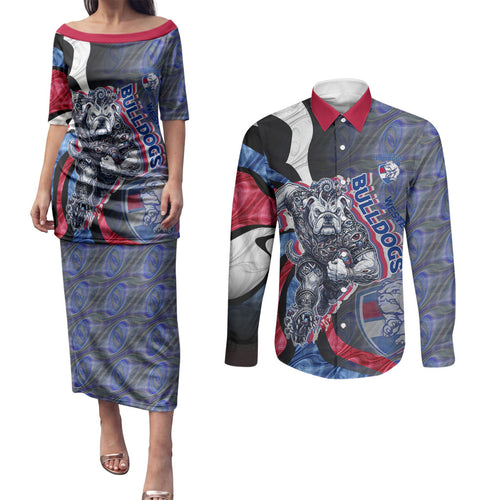 Personalised Western Bulldogs Couples Matching Puletasi and Long Sleeve Button Shirt Trippy Psychedelic Abstract Art Mascot Football Fans