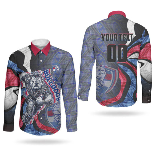 Personalised Western Bulldogs Couples Matching Puletasi and Long Sleeve Button Shirt Trippy Psychedelic Abstract Art Mascot Football Fans