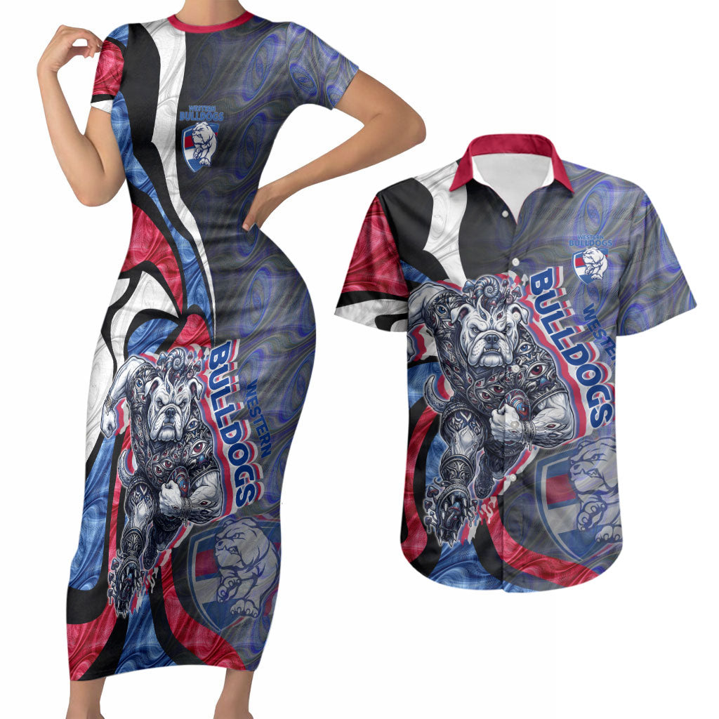 Personalised Western Bulldogs Couples Matching Short Sleeve Bodycon Dress and Hawaiian Shirt Trippy Psychedelic Abstract Art Mascot Football Fans