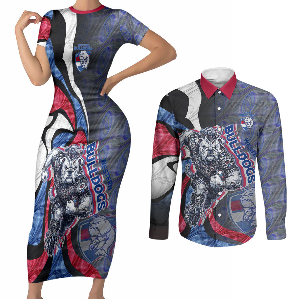 Personalised Western Bulldogs Couples Matching Short Sleeve Bodycon Dress and Long Sleeve Button Shirt Trippy Psychedelic Abstract Art Mascot Football Fans