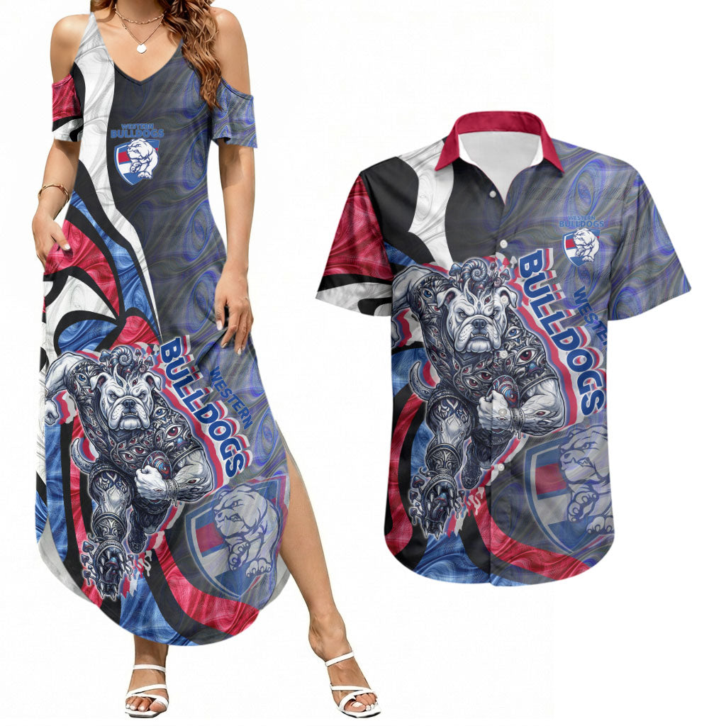 Personalised Western Bulldogs Couples Matching Summer Maxi Dress and Hawaiian Shirt Trippy Psychedelic Abstract Art Mascot Football Fans
