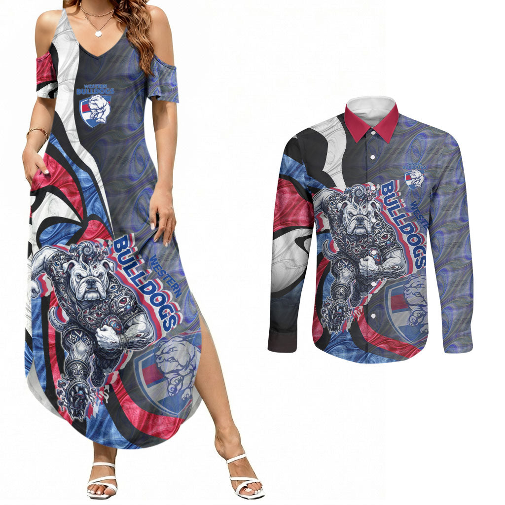 Personalised Western Bulldogs Couples Matching Summer Maxi Dress and Long Sleeve Button Shirt Trippy Psychedelic Abstract Art Mascot Football Fans