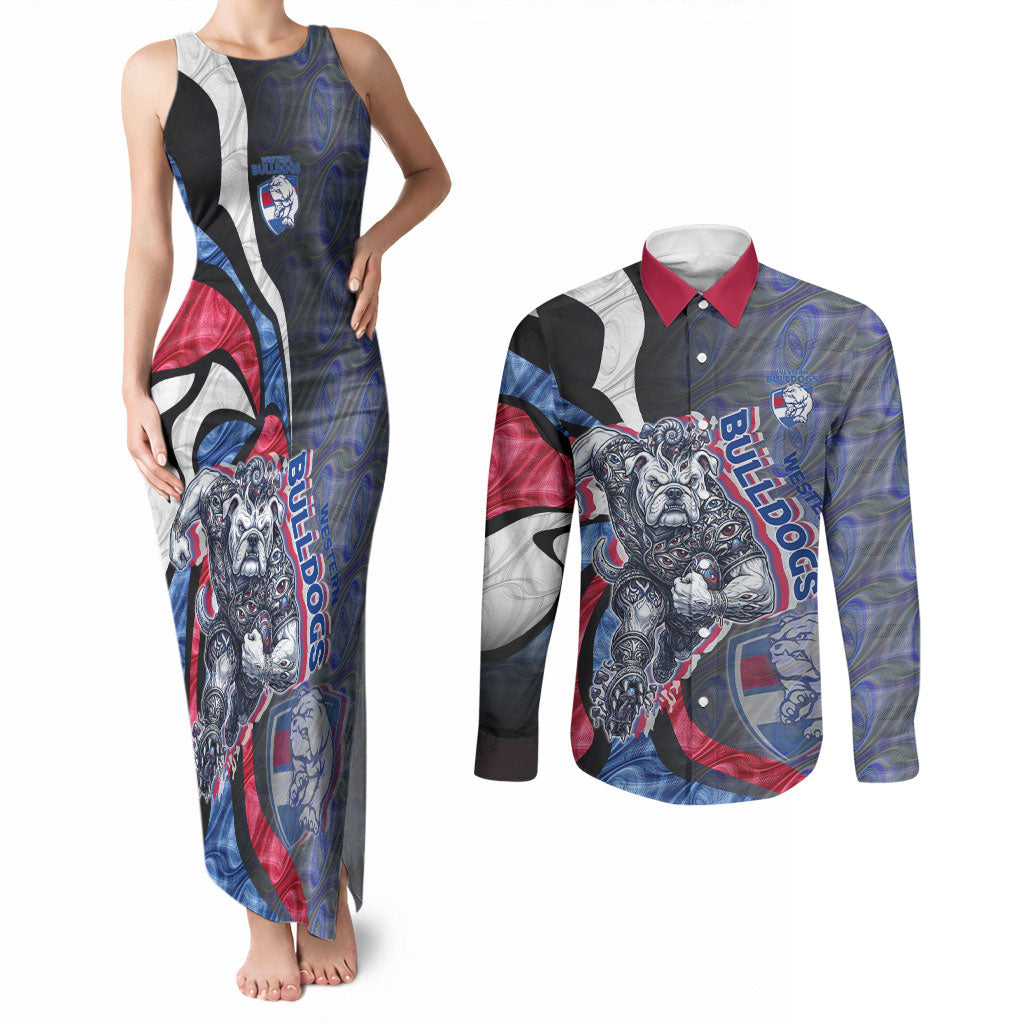 Personalised Western Bulldogs Couples Matching Tank Maxi Dress and Long Sleeve Button Shirt Trippy Psychedelic Abstract Art Mascot Football Fans
