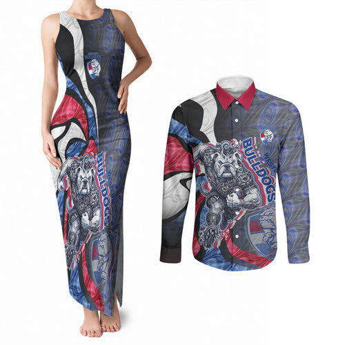 Personalised Western Bulldogs Couples Matching Tank Maxi Dress and Long Sleeve Button Shirt Trippy Psychedelic Abstract Art Mascot Football Fans