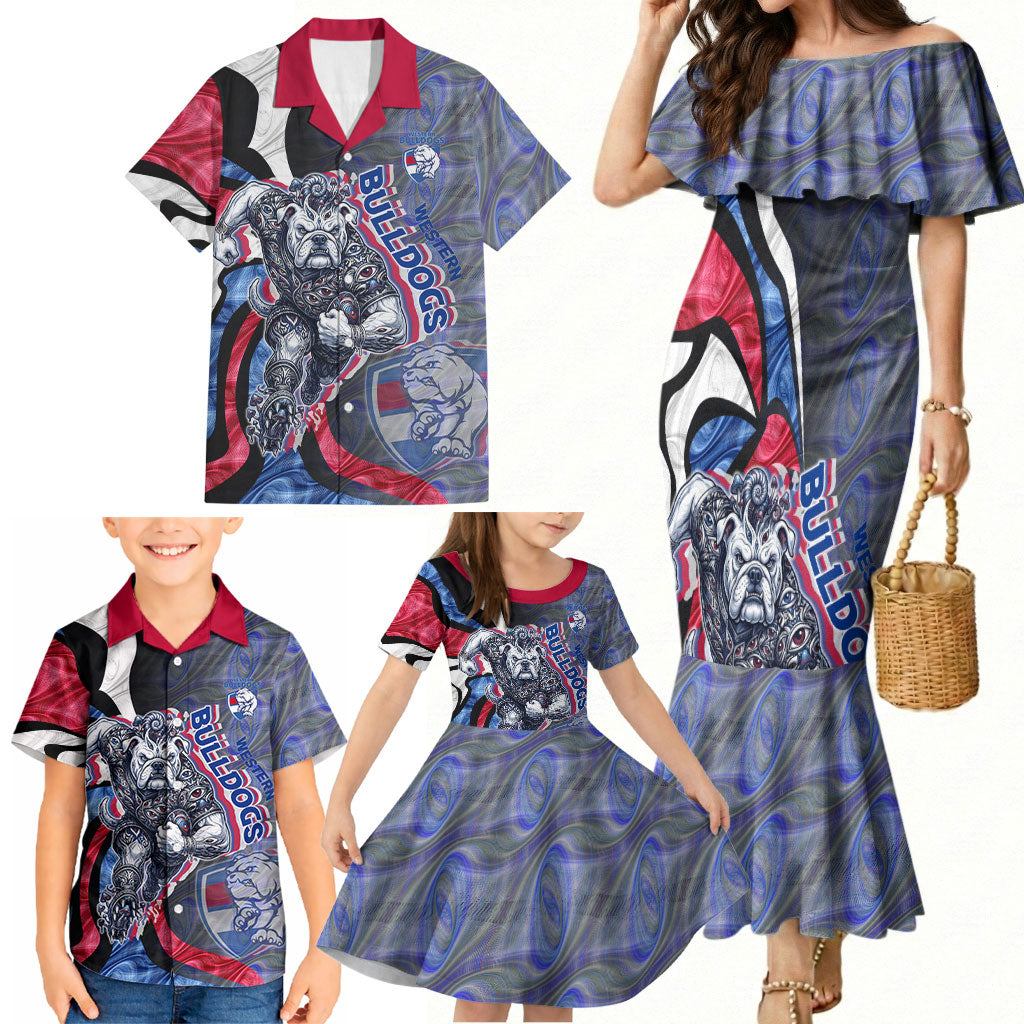 Personalised Western Bulldogs Family Matching Mermaid Dress and Hawaiian Shirt Trippy Psychedelic Abstract Art Mascot Football Fans