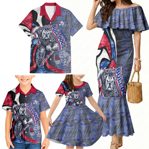 Personalised Western Bulldogs Family Matching Mermaid Dress and Hawaiian Shirt Trippy Psychedelic Abstract Art Mascot Football Fans