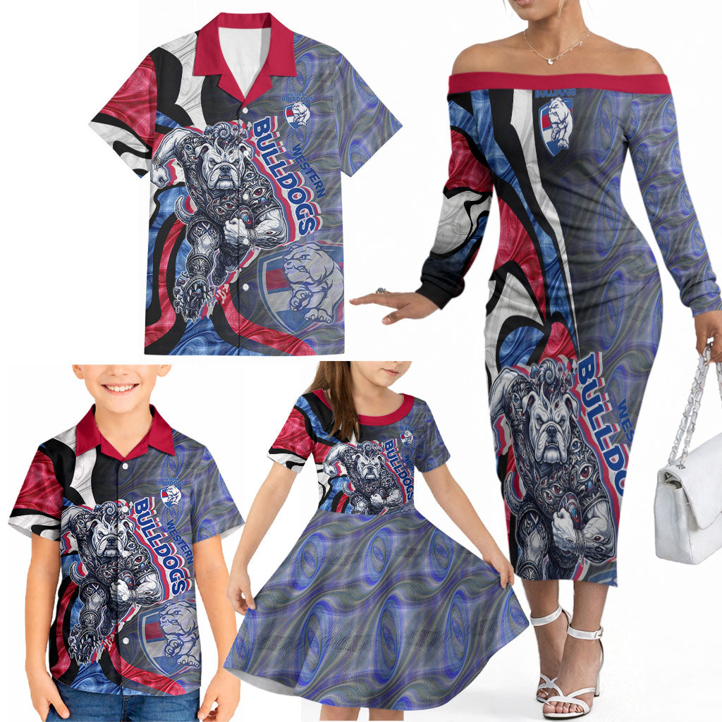 Personalised Western Bulldogs Family Matching Off The Shoulder Long Sleeve Dress and Hawaiian Shirt Trippy Psychedelic Abstract Art Mascot Football Fans