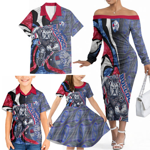 Personalised Western Bulldogs Family Matching Off The Shoulder Long Sleeve Dress and Hawaiian Shirt Trippy Psychedelic Abstract Art Mascot Football Fans