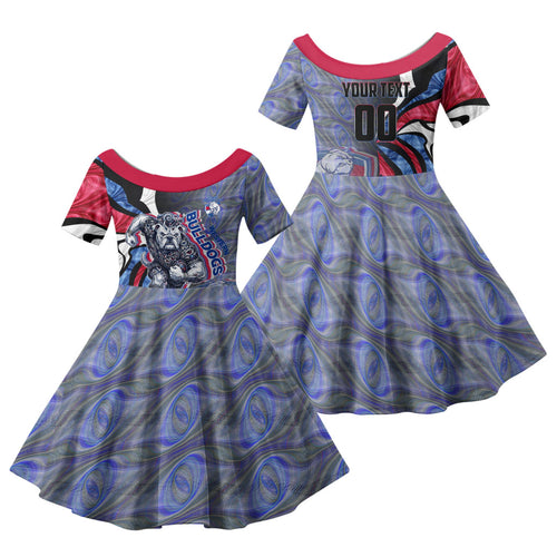 Personalised Western Bulldogs Family Matching Off The Shoulder Long Sleeve Dress and Hawaiian Shirt Trippy Psychedelic Abstract Art Mascot Football Fans