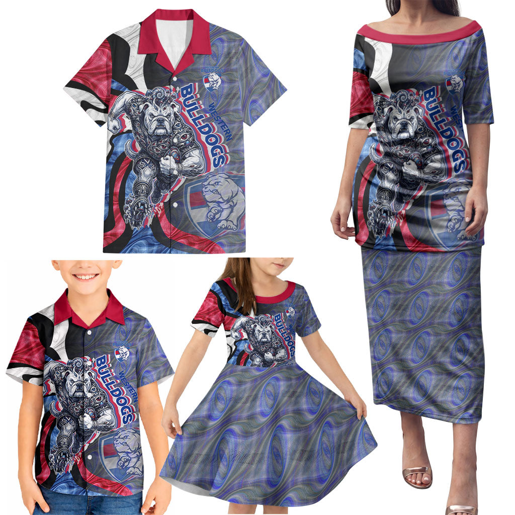Personalised Western Bulldogs Family Matching Puletasi and Hawaiian Shirt Trippy Psychedelic Abstract Art Mascot Football Fans