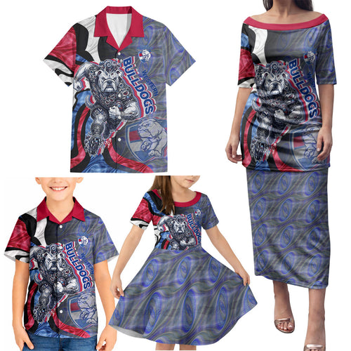 Personalised Western Bulldogs Family Matching Puletasi and Hawaiian Shirt Trippy Psychedelic Abstract Art Mascot Football Fans