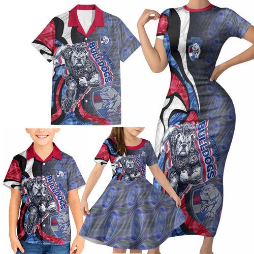 Personalised Western Bulldogs Family Matching Short Sleeve Bodycon Dress and Hawaiian Shirt Trippy Psychedelic Abstract Art Mascot Football Fans