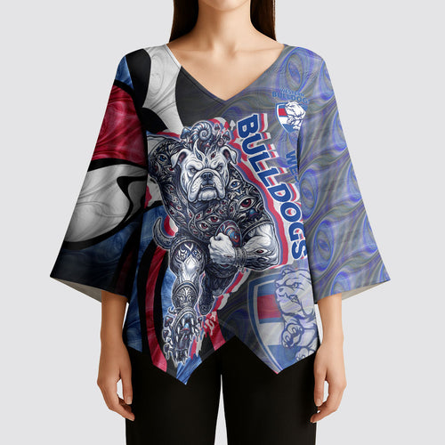 Personalised Western Bulldogs Kimono Sleeve Blouse Trippy Psychedelic Abstract Art Mascot Football Fans