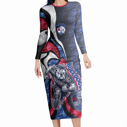 Personalised Western Bulldogs Long Sleeve Bodycon Dress Trippy Psychedelic Abstract Art Mascot Football Fans