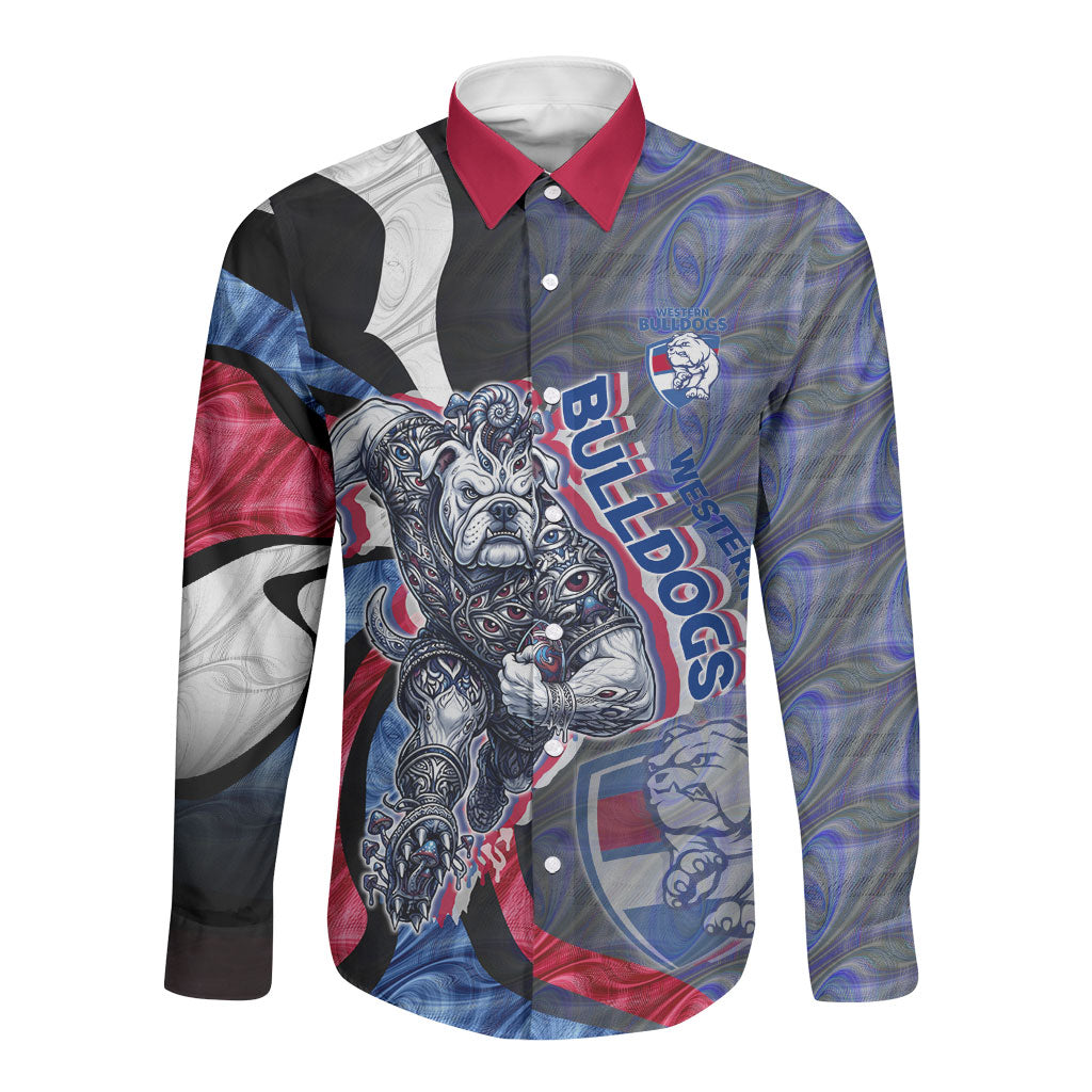 Personalised Western Bulldogs Long Sleeve Button Shirt Trippy Psychedelic Abstract Art Mascot Football Fans