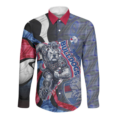 Personalised Western Bulldogs Long Sleeve Button Shirt Trippy Psychedelic Abstract Art Mascot Football Fans