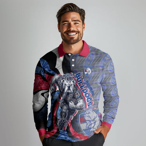 Personalised Western Bulldogs Long Sleeve Polo Shirt Trippy Psychedelic Abstract Art Mascot Football Fans