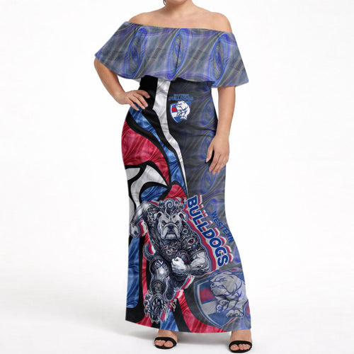 Personalised Western Bulldogs Off Shoulder Maxi Dress Trippy Psychedelic Abstract Art Mascot Football Fans