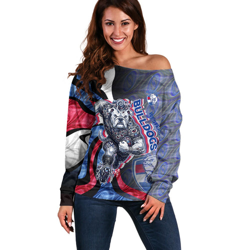 Personalised Western Bulldogs Off Shoulder Sweater Trippy Psychedelic Abstract Art Mascot Football Fans