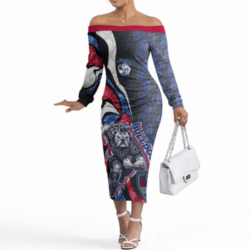 Personalised Western Bulldogs Off The Shoulder Long Sleeve Dress Trippy Psychedelic Abstract Art Mascot Football Fans