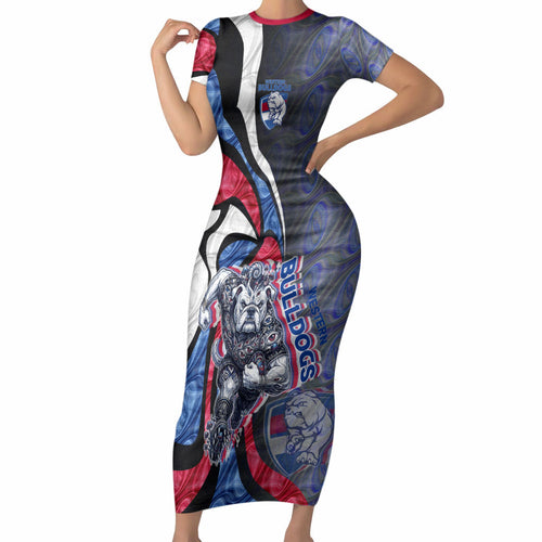 Personalised Western Bulldogs Short Sleeve Bodycon Dress Trippy Psychedelic Abstract Art Mascot Football Fans