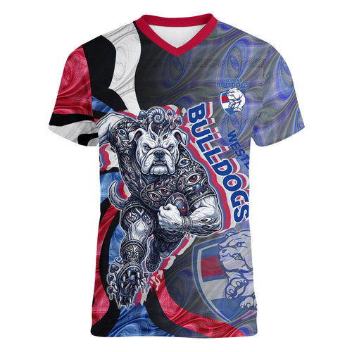 Personalised Western Bulldogs Women V-Neck T-Shirt Trippy Psychedelic Abstract Art Mascot Football Fans