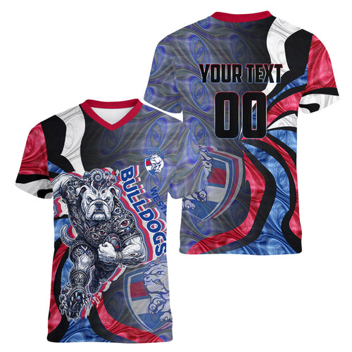 Personalised Western Bulldogs Women V-Neck T-Shirt Trippy Psychedelic Abstract Art Mascot Football Fans