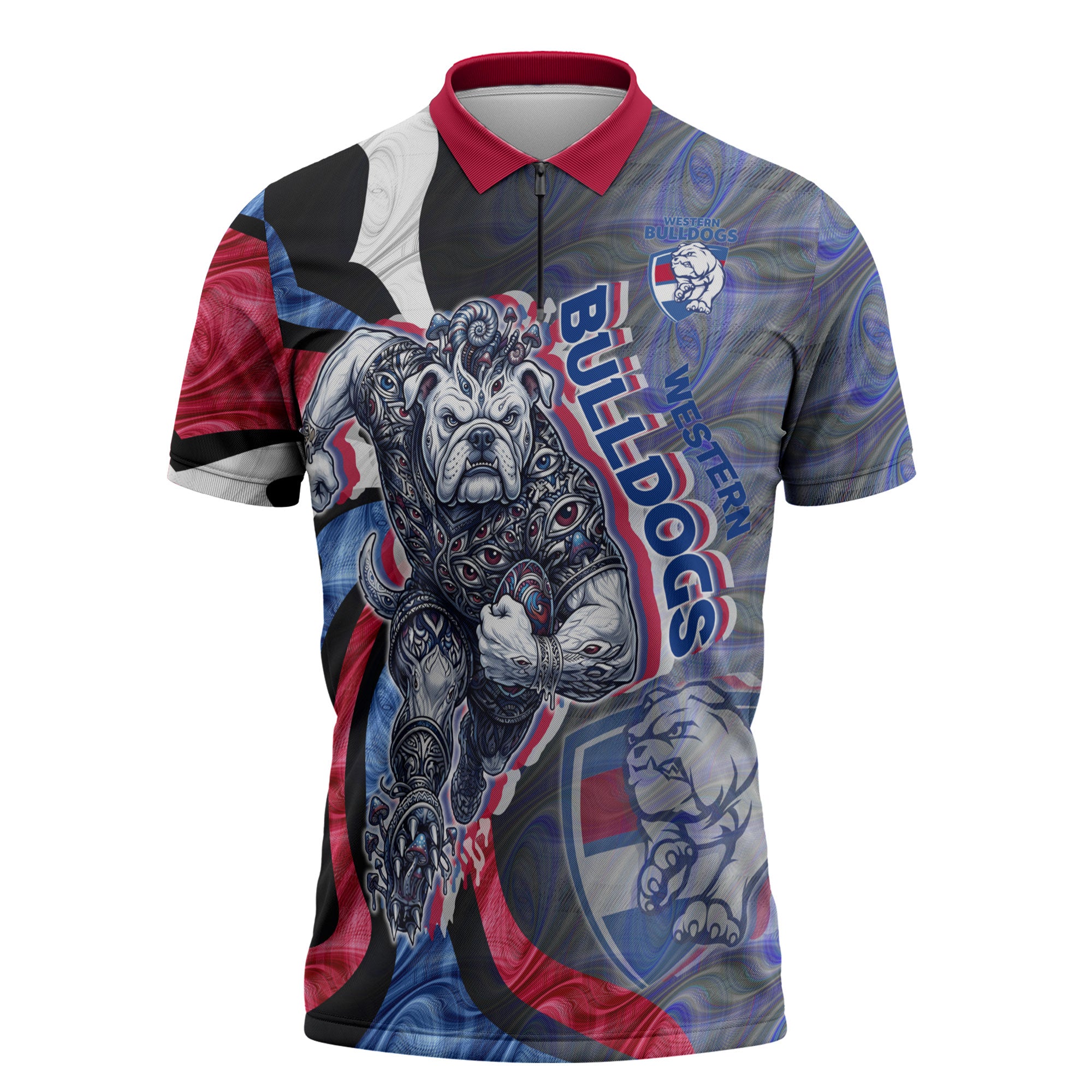 Personalised Western Bulldogs Zipper Polo Shirt Trippy Psychedelic Abstract Art Mascot Football Fans
