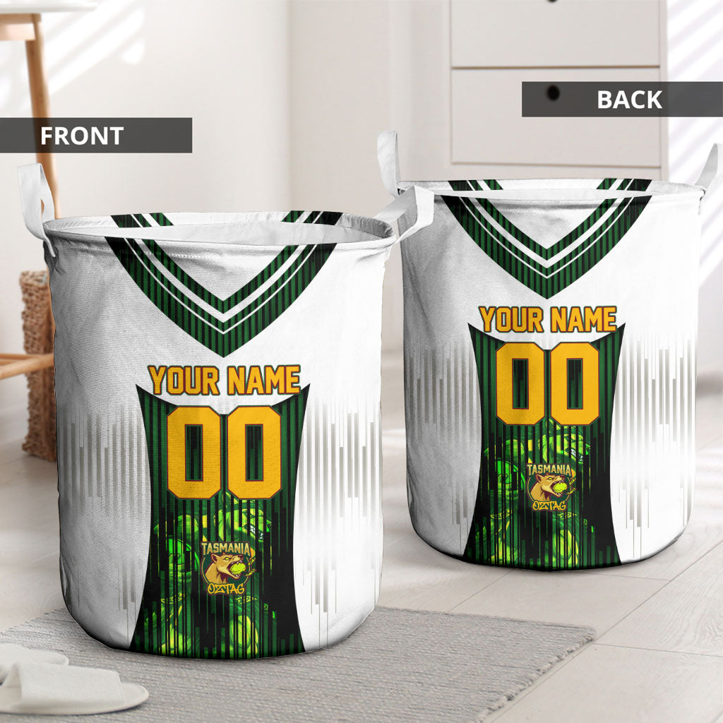 Personalised Tasmania Oztag Mascot Laundry Basket Green White Stripe Australian Flag Mascot