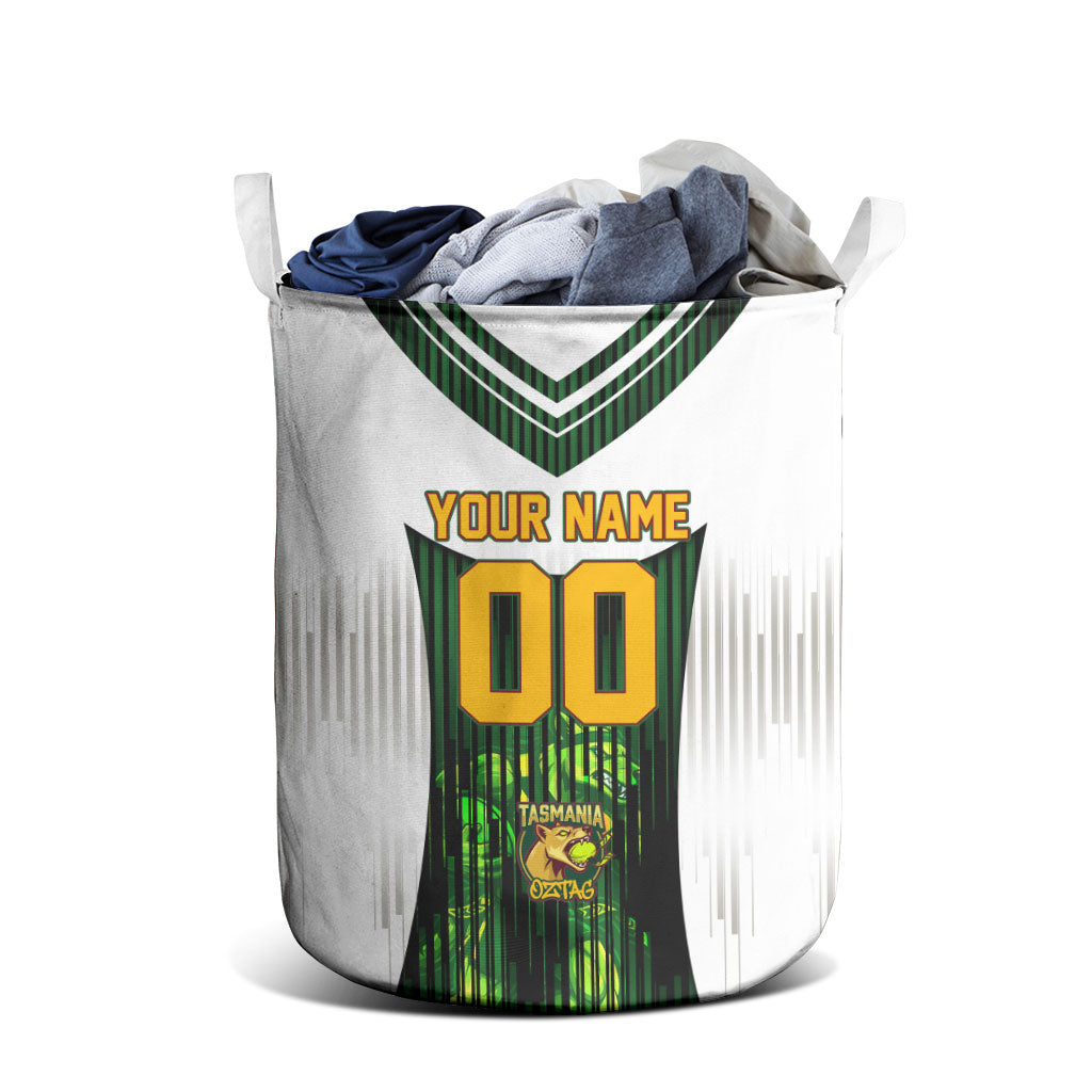 Personalised Tasmania Oztag Mascot Laundry Basket Green White Stripe Australian Flag Mascot
