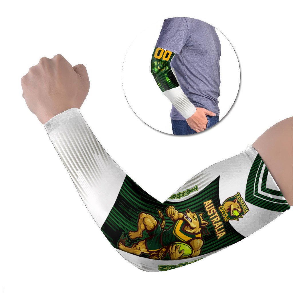 Personalised Tasmania Oztag Mascot Arm Sleeves Green White Stripe Australian Flag Mascot