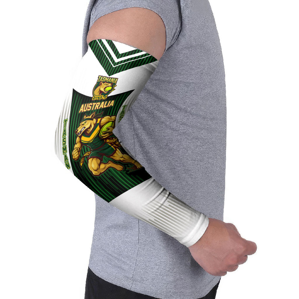 Personalised Tasmania Oztag Mascot Arm Sleeves Green White Stripe Australian Flag Mascot