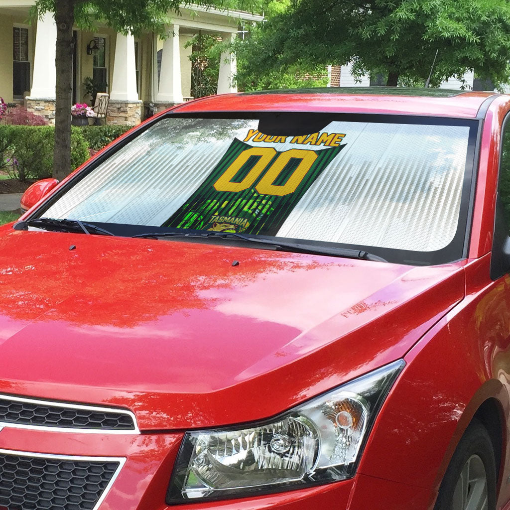 Personalised Tasmania Oztag Mascot Auto Sun Shade Green White Stripe Australian Flag Mascot
