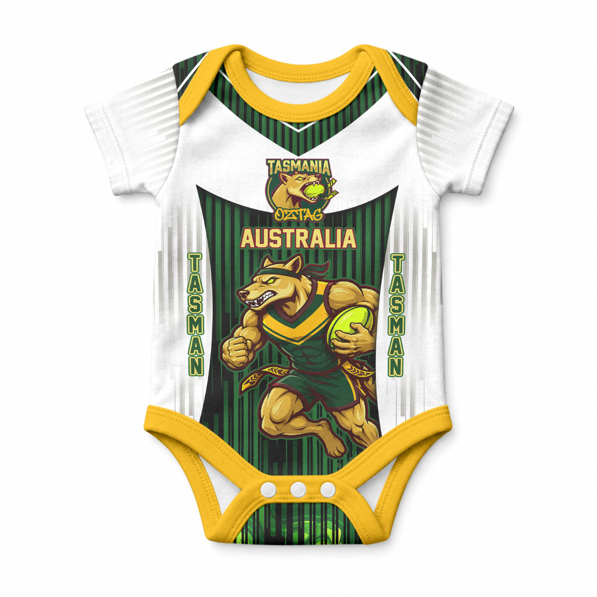 Personalised Tasmania Oztag Mascot Baby Onesie Green White Stripe Australian Flag Mascot