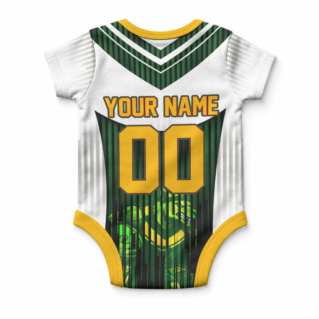 Personalised Tasmania Oztag Mascot Baby Onesie Green White Stripe Australian Flag Mascot