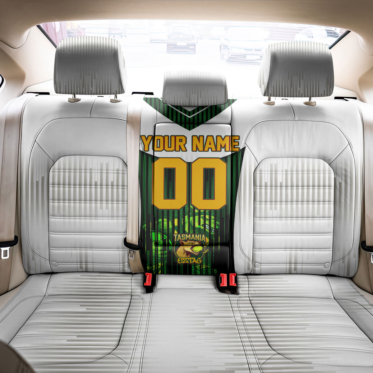 Personalised Tasmania Oztag Mascot Back Car Seat Cover Green White Stripe Australian Flag Mascot