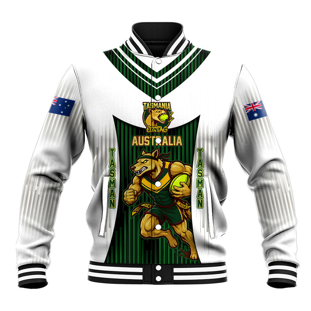 Personalised Tasmania Oztag Mascot Baseball Jacket Green White Stripe Australian Flag Mascot