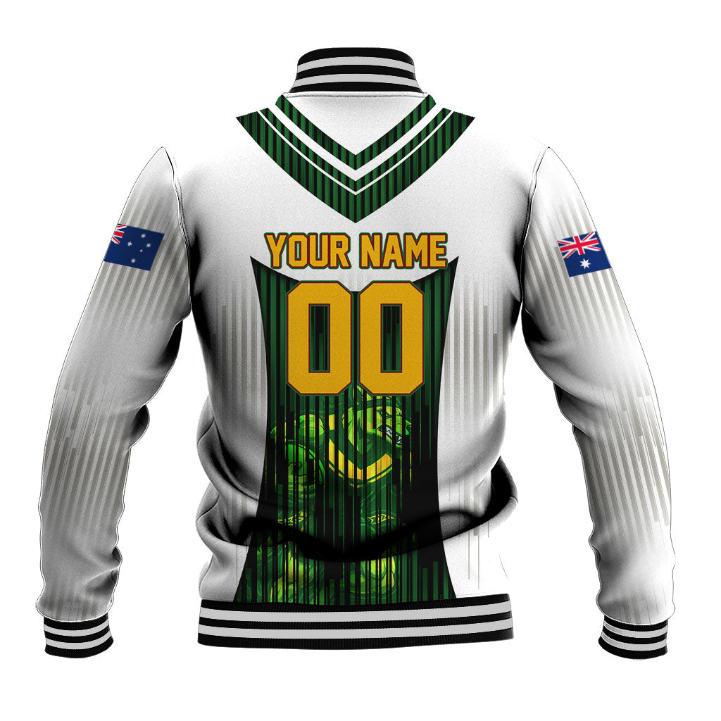 Personalised Tasmania Oztag Mascot Baseball Jacket Green White Stripe Australian Flag Mascot