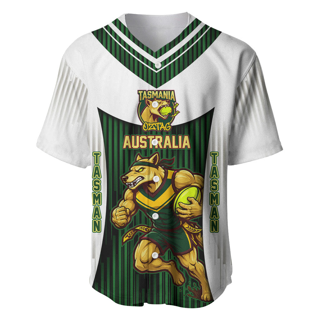 Personalised Tasmania Oztag Mascot Baseball Jersey Green White Stripe Australian Flag Mascot