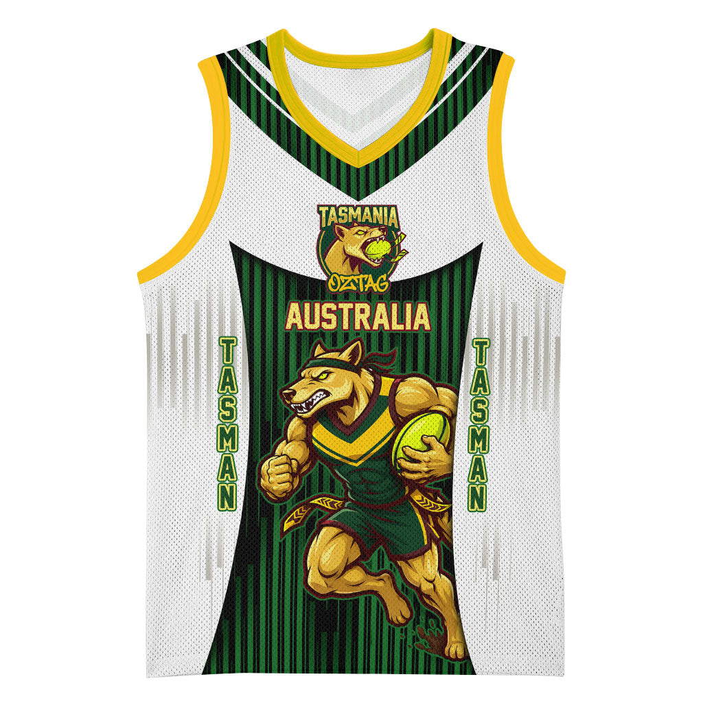 Personalised Tasmania Oztag Mascot Basketball Jersey Green White Stripe Australian Flag Mascot