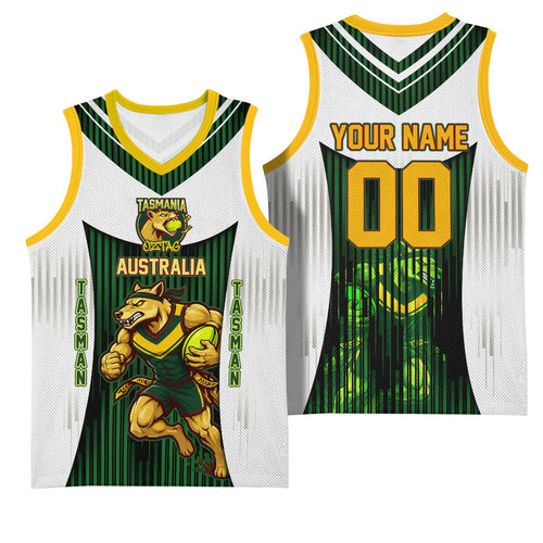 Personalised Tasmania Oztag Mascot Basketball Jersey Green White Stripe Australian Flag Mascot