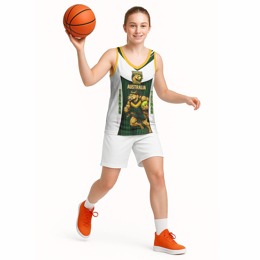 Personalised Tasmania Oztag Mascot Basketball Jersey Green White Stripe Australian Flag Mascot
