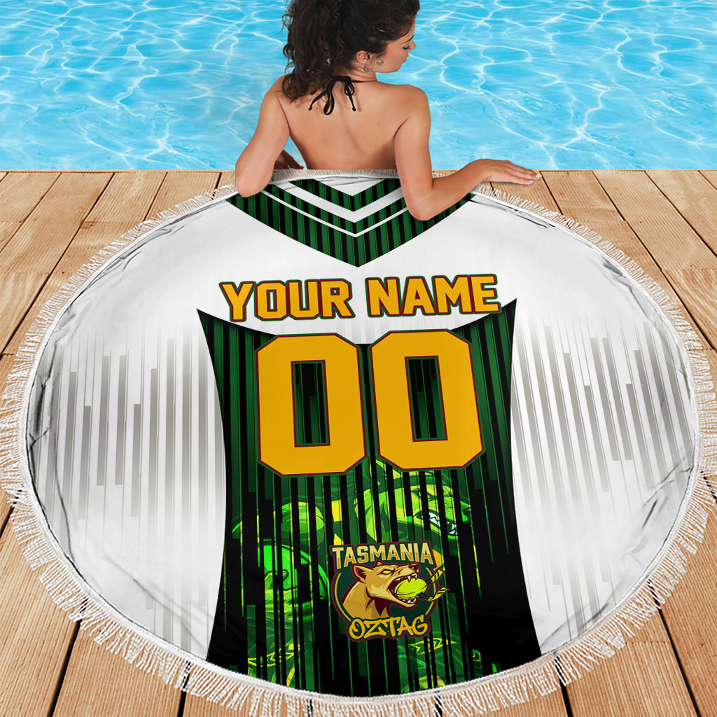 Personalised Tasmania Oztag Mascot Beach Blanket Green White Stripe Australian Flag Mascot