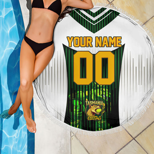 Personalised Tasmania Oztag Mascot Beach Blanket Green White Stripe Australian Flag Mascot