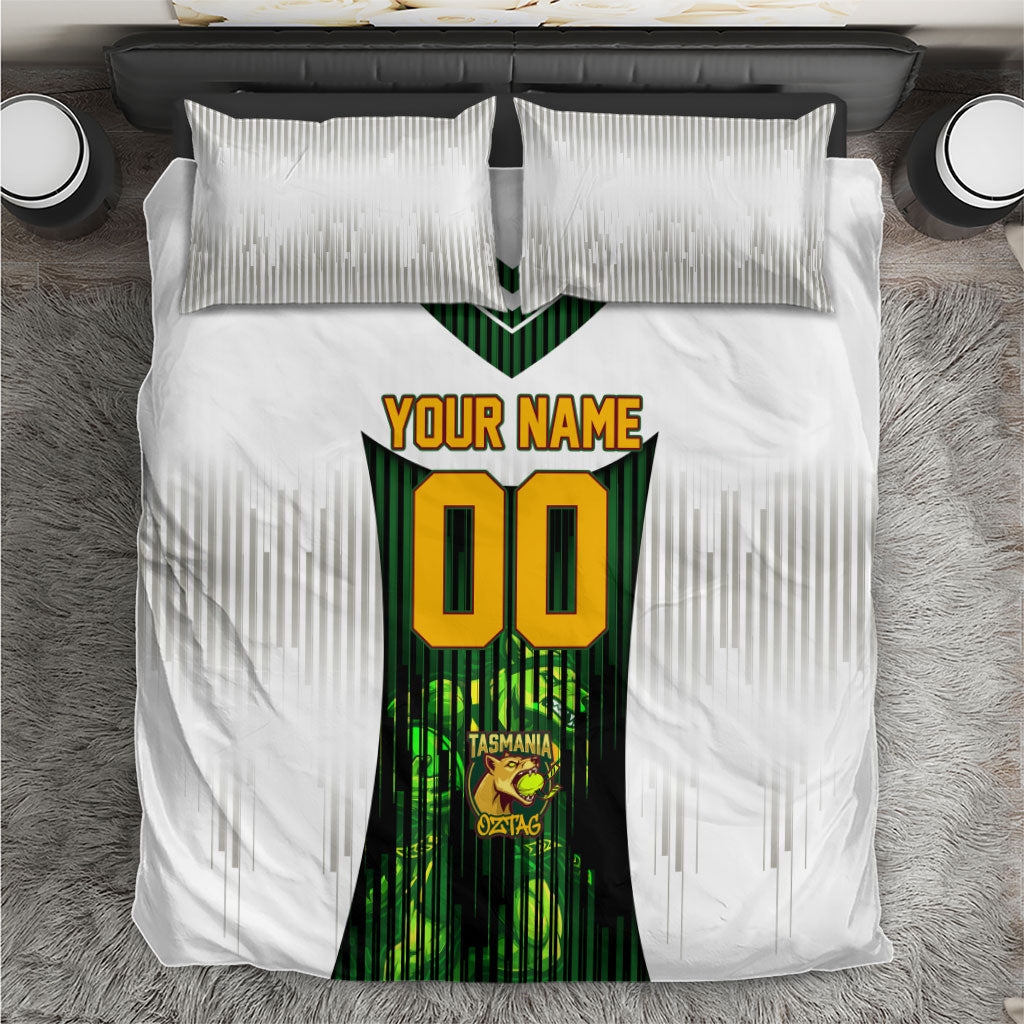 Personalised Tasmania Oztag Mascot Bedding Set Green White Stripe Australian Flag Mascot