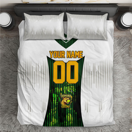 Personalised Tasmania Oztag Mascot Bedding Set Green White Stripe Australian Flag Mascot