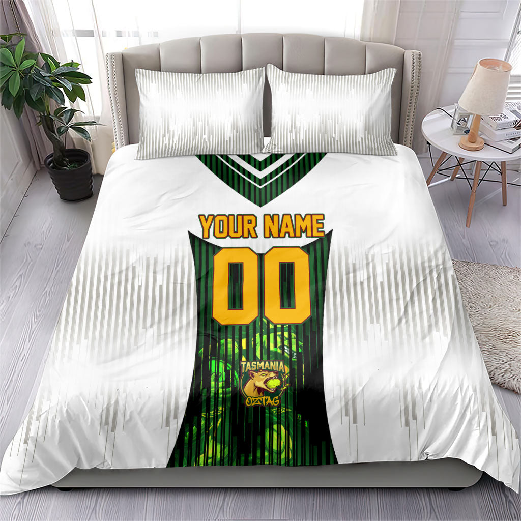 Personalised Tasmania Oztag Mascot Bedding Set Green White Stripe Australian Flag Mascot