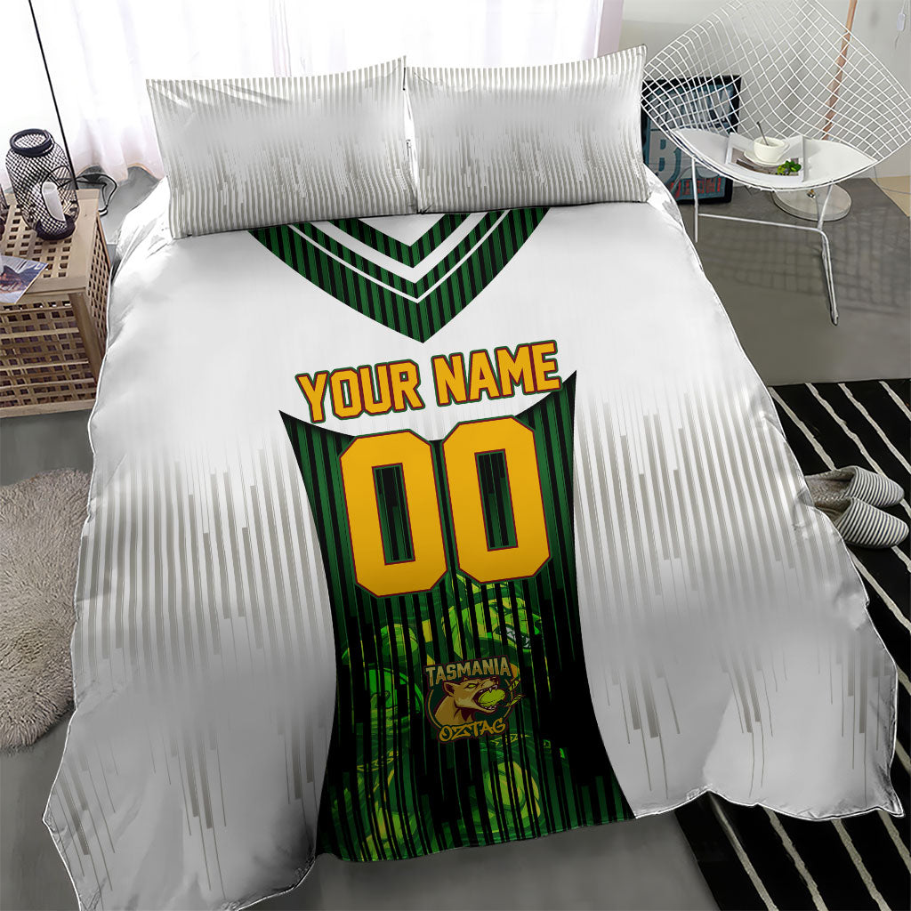 Personalised Tasmania Oztag Mascot Bedding Set Green White Stripe Australian Flag Mascot
